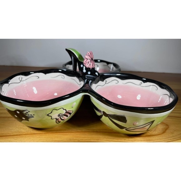 𝅺clay Art 3 Section Dip Bowl Triple Dish Hand Painted High Heel & Martini - Picture 1 of 6